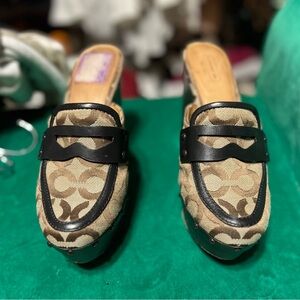 Coach Khaki & Black Signature Canvas Slip-On Mules